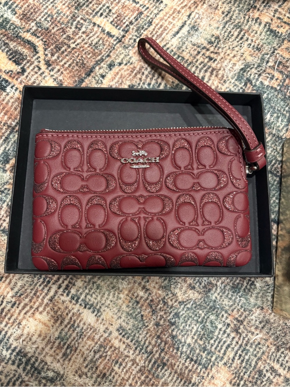 Coach Burgundy Embossed Signature Wristlet with Strap - Picture 1 of 8